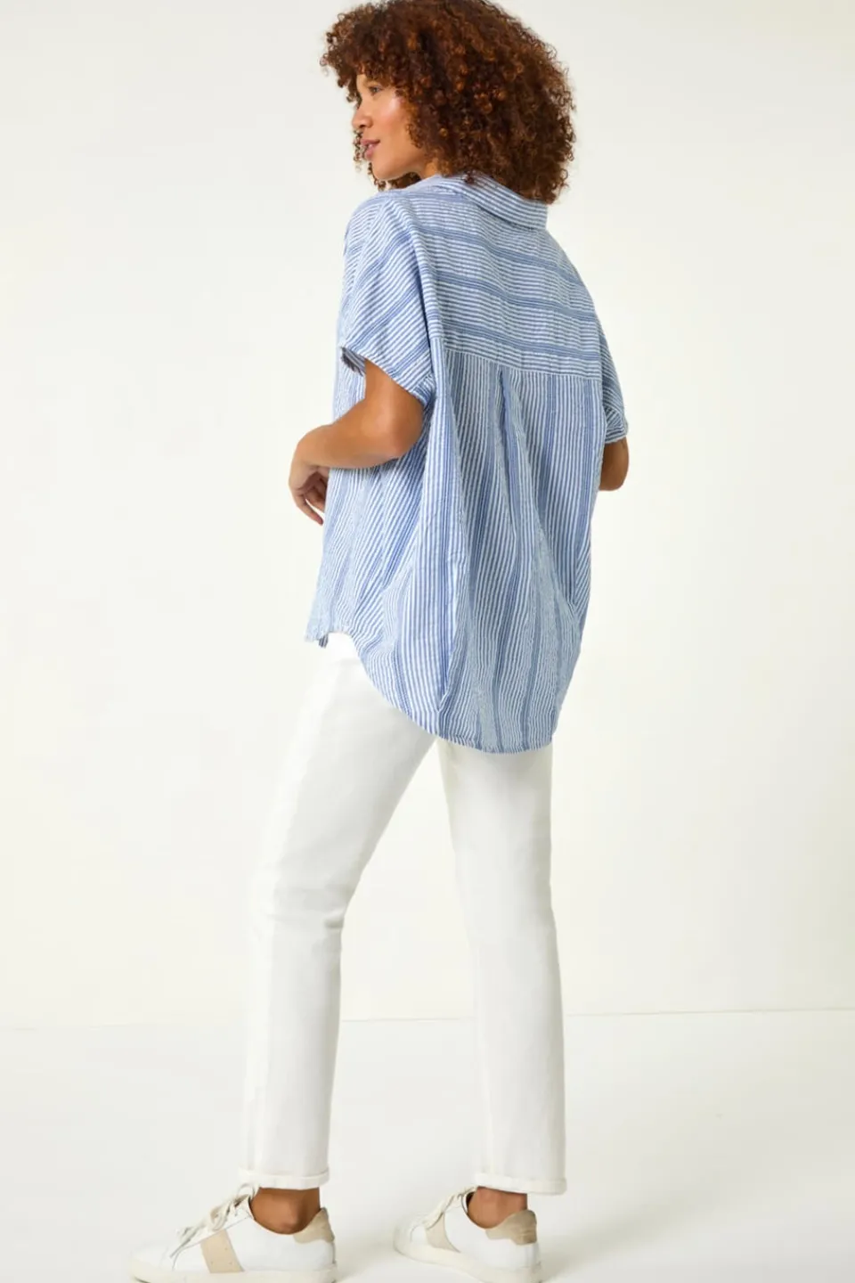 Tops>Roman Light Blue Stripe Pleated Neck Top