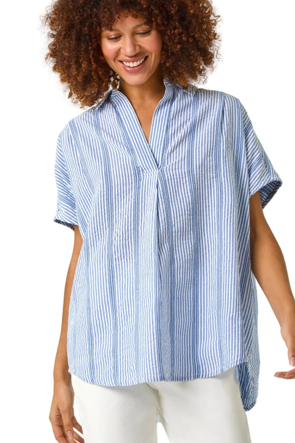 Tops>Roman Light Blue Stripe Pleated Neck Top