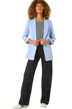 Coats & Jackets>Roman Light Blue Tailored Ruched Sleeve Stretch Blazer LightBlue