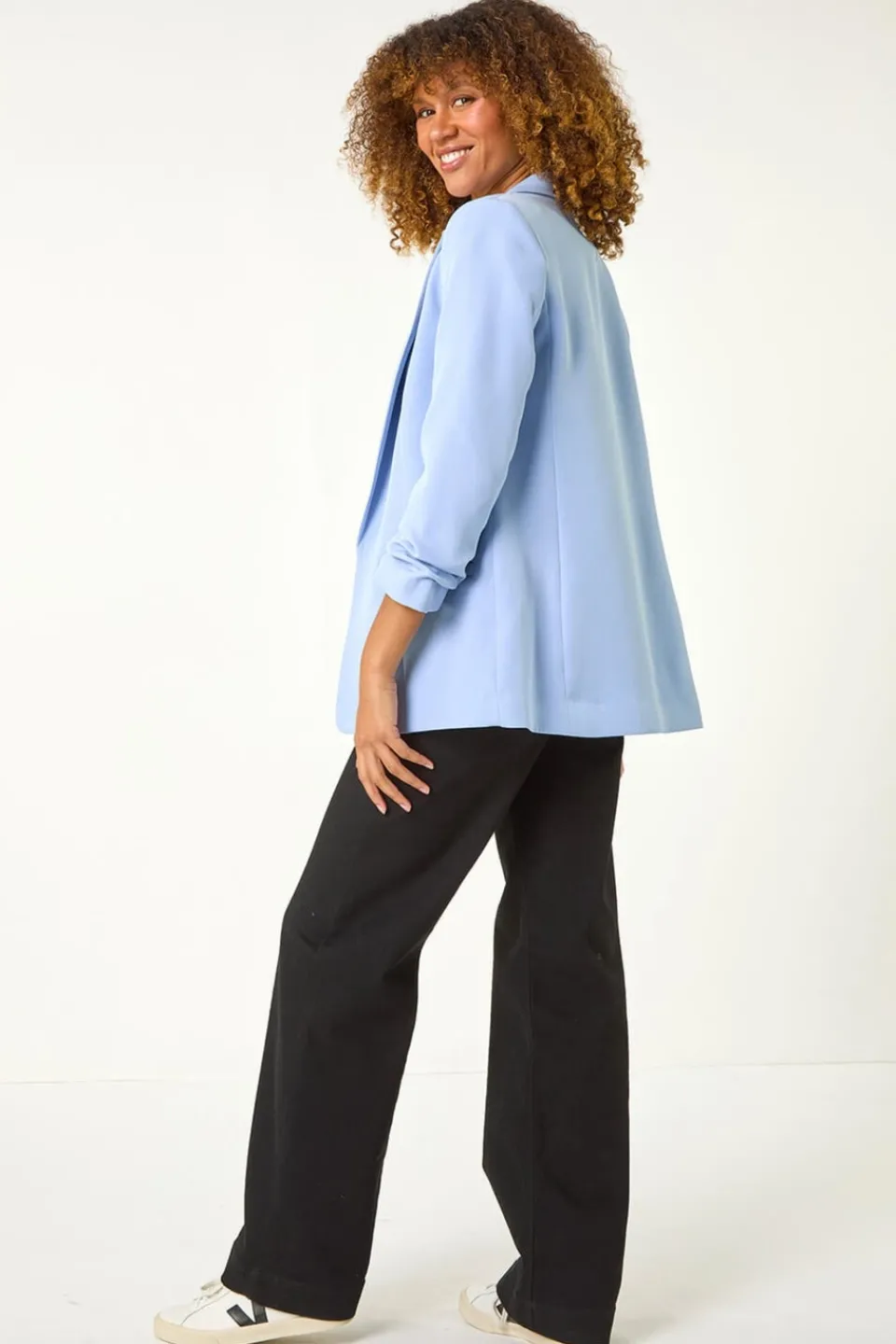 Coats & Jackets>Roman Light Blue Tailored Ruched Sleeve Stretch Blazer LightBlue