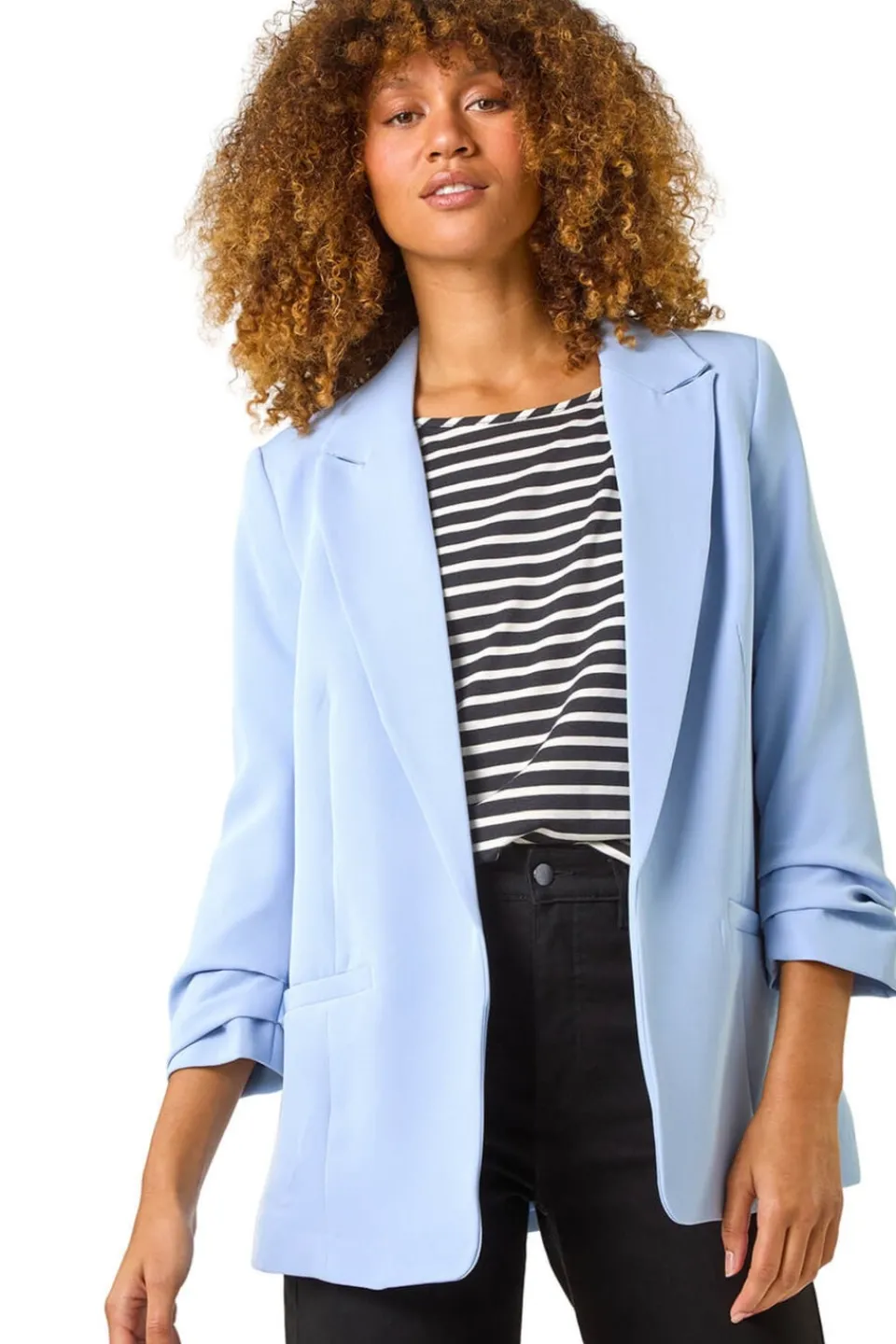 Coats & Jackets>Roman Light Blue Tailored Ruched Sleeve Stretch Blazer LightBlue