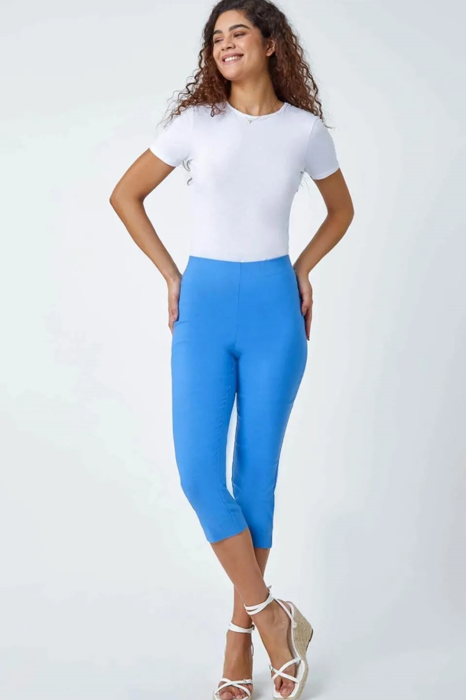 Trousers>Roman Light Denim Blue Cropped Stretch Trouser Capri Summer Leggings 3/4 Pedal Pushers DenimBlue