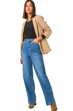 Jeans & Jeggings>Roman Light Denim Cotton Blend Wide Leg Stretch Jeans