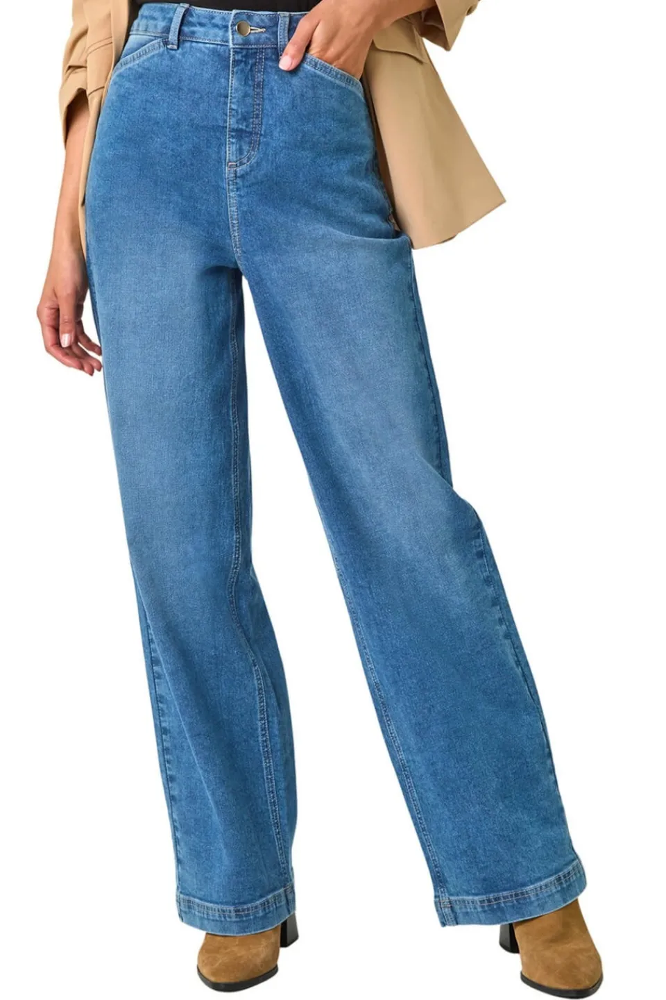 Jeans & Jeggings>Roman Light Denim Cotton Blend Wide Leg Stretch Jeans