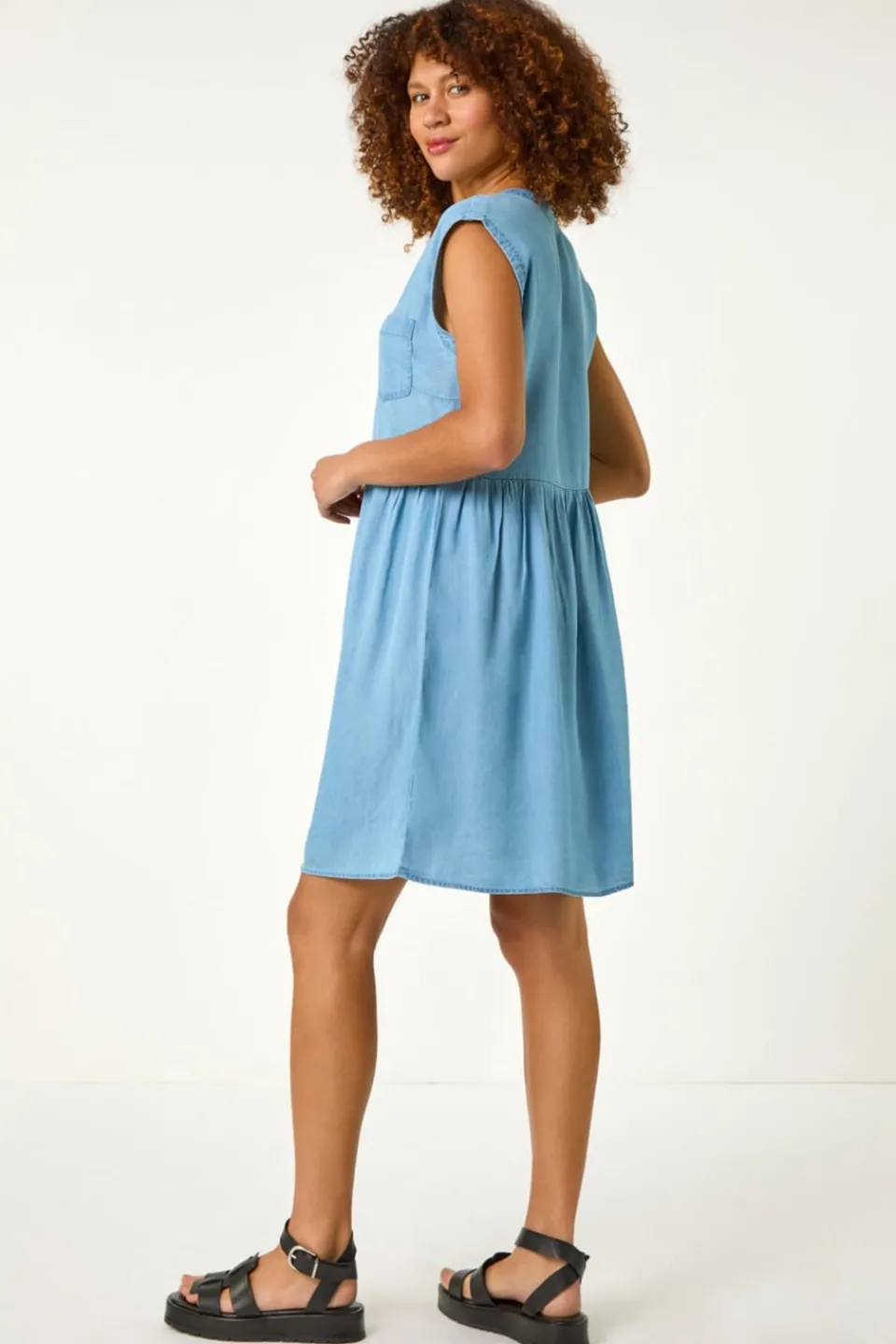 Dresses>Roman Light Denim Denim Button Short Dress