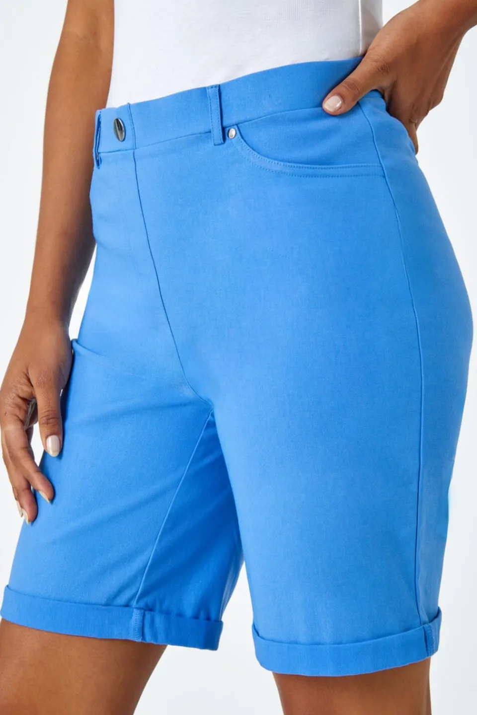 Shorts>Roman Light Denim Elastic Waist Turn Up Stretch Shorts LightDenim