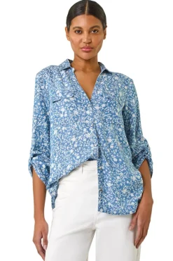 Tops>Roman Light Denim Floral Print Button Through Shirt