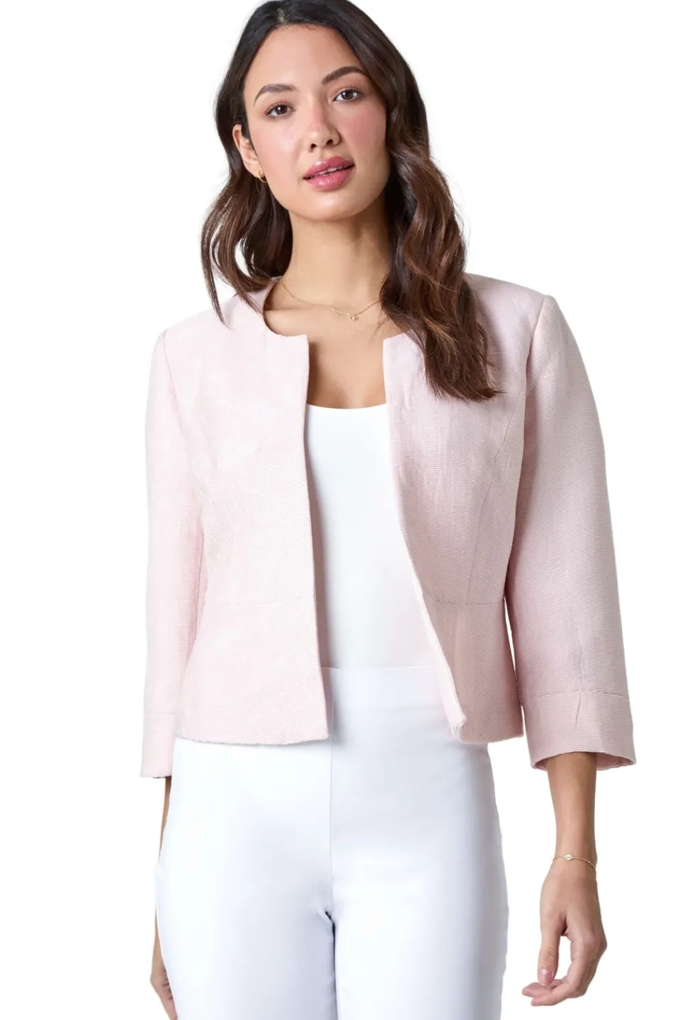 Coats & Jackets>Roman Light Pink 3/4 Sleeve Pleated Textured Cropped Jacket