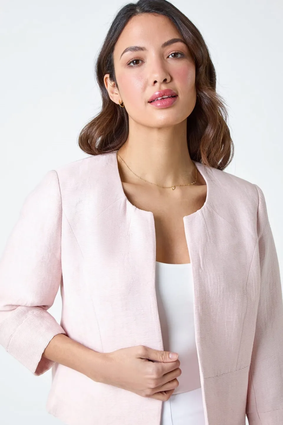 Coats & Jackets>Roman Light Pink 3/4 Sleeve Pleated Textured Cropped Jacket
