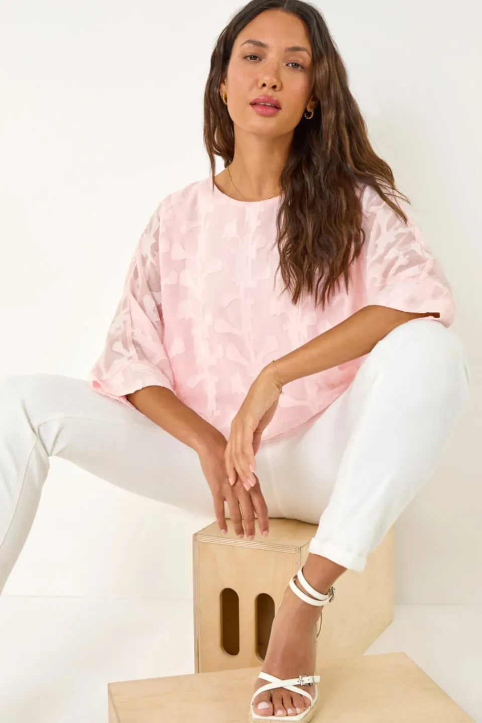 T-Shirts>Roman Light Pink Burnout Floral Dipped Hem Overlay Top