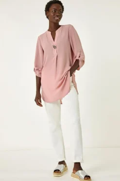 Blouses & Shirts>Roman Light Pink Button Detail Longline Blouse LightPink