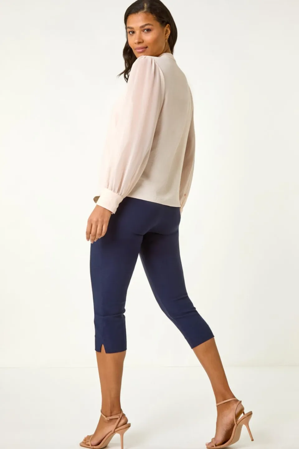 Blouses & Shirts>Roman Light Pink Chiffon Sleeve V-Neck Pleated Top