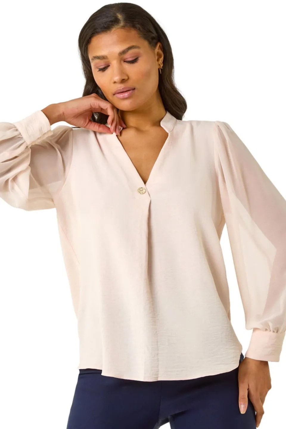 Blouses & Shirts>Roman Light Pink Chiffon Sleeve V-Neck Pleated Top