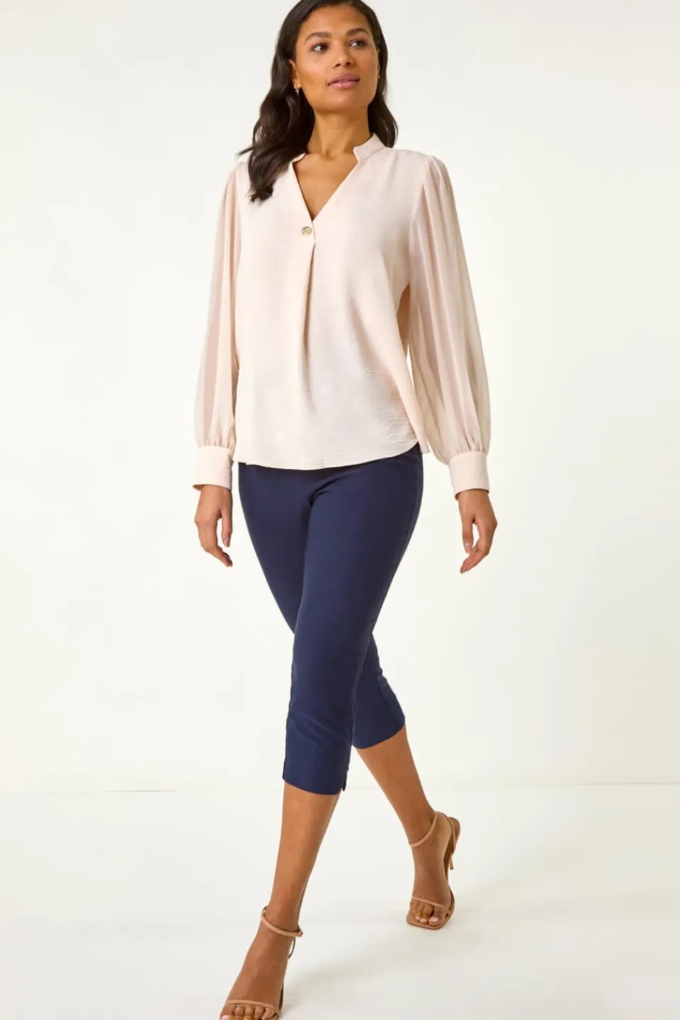 Blouses & Shirts>Roman Light Pink Chiffon Sleeve V-Neck Pleated Top