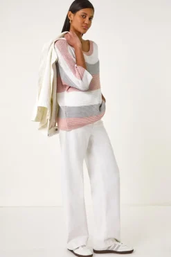 Tops>Roman Light Pink Colourblock Stripe Knit Jumper