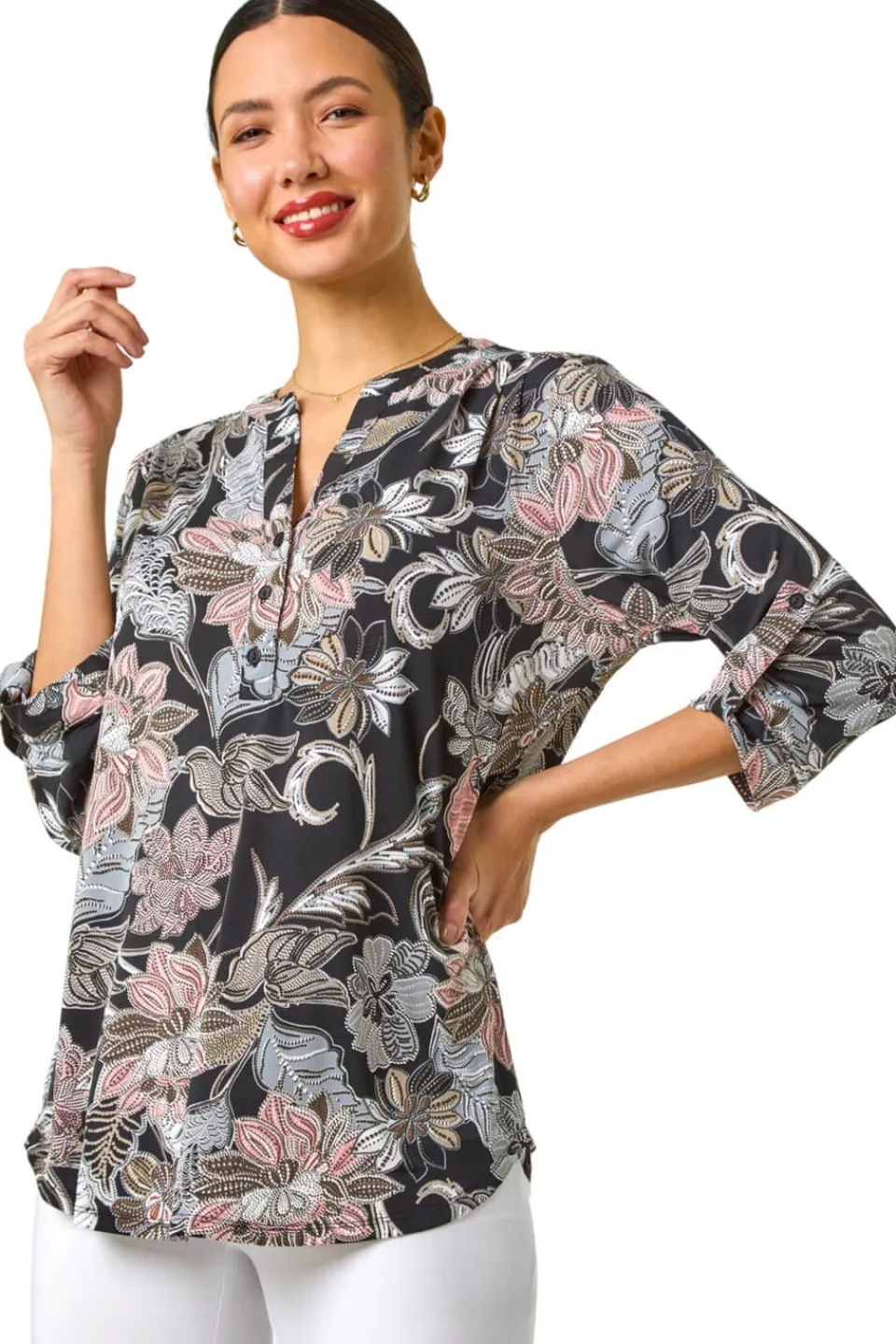 Tops>Roman Light Pink Floral Print Pleated Shirt