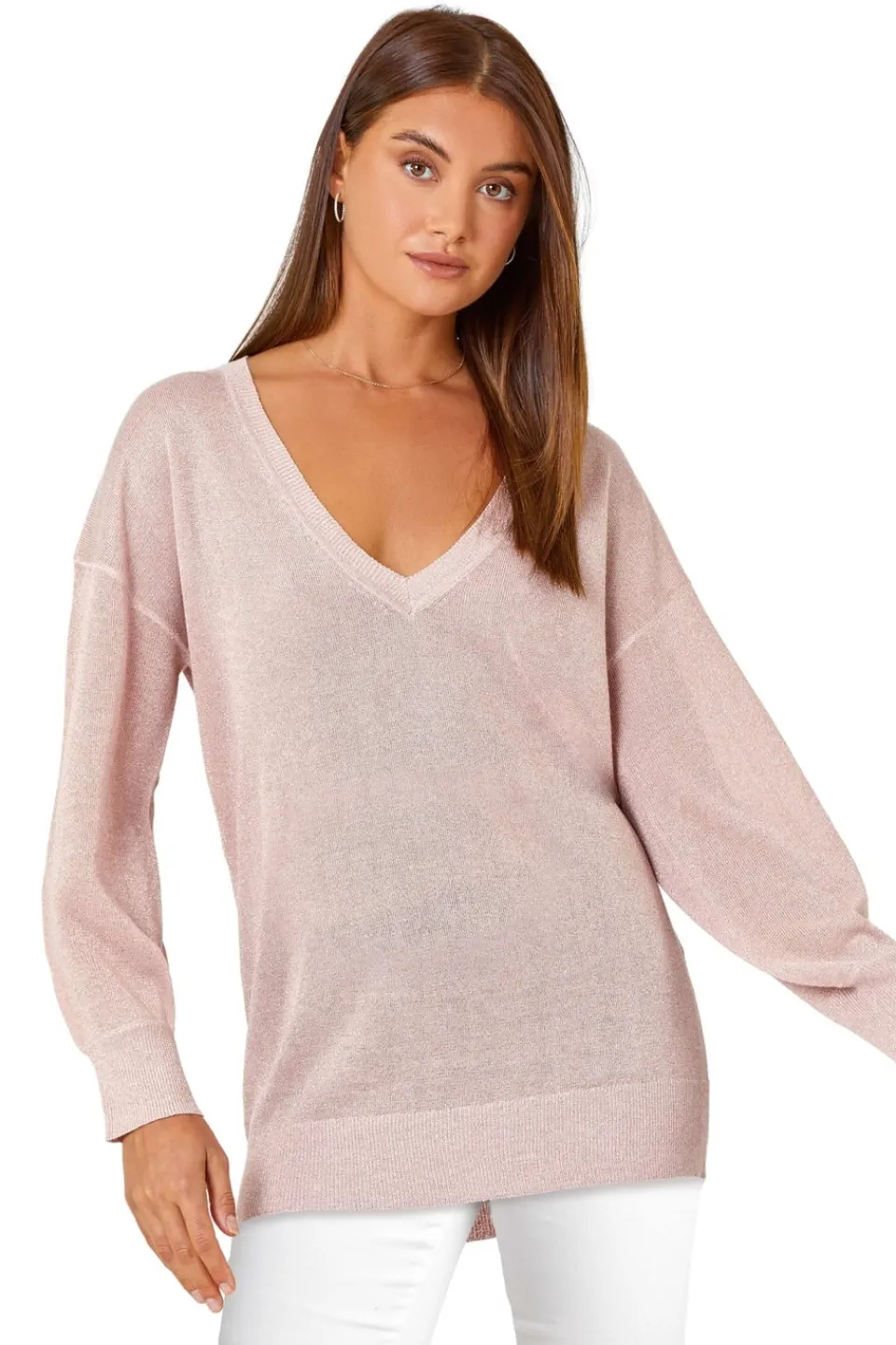 Tops>Roman Light Relaxed Stretch Shimmer V-Neck Jumper Pink