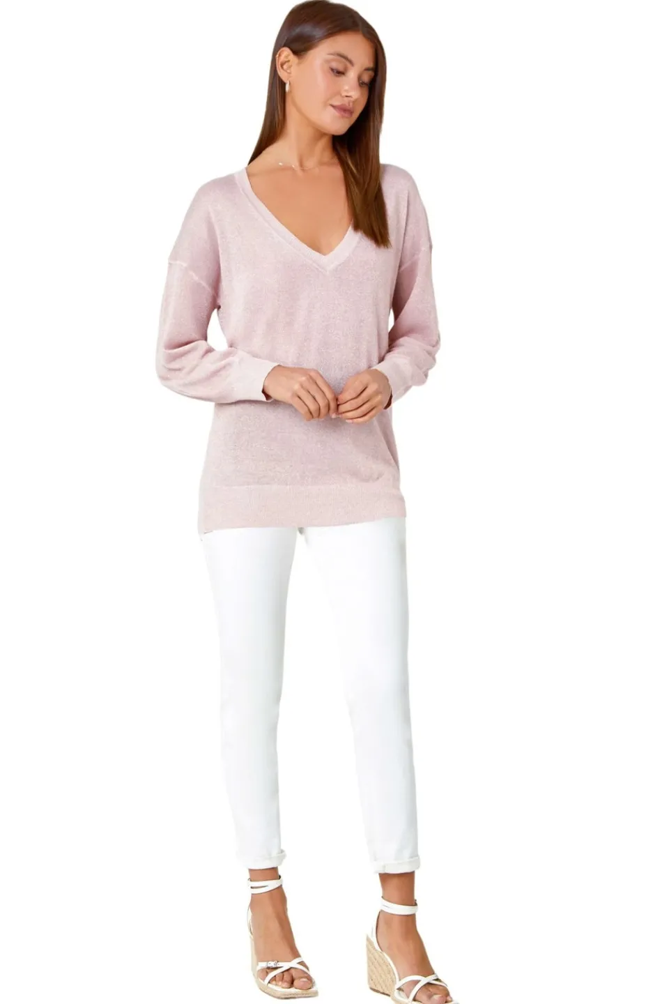 Tops>Roman Light Relaxed Stretch Shimmer V-Neck Jumper Pink
