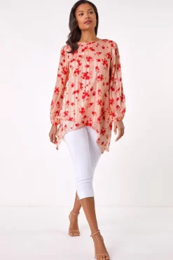 Tops>Roman Light Pink Rose Print Metallic Tunic Top