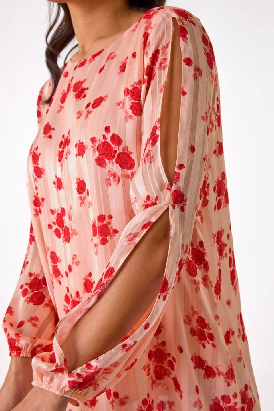 Tops>Roman Light Pink Rose Print Metallic Tunic Top