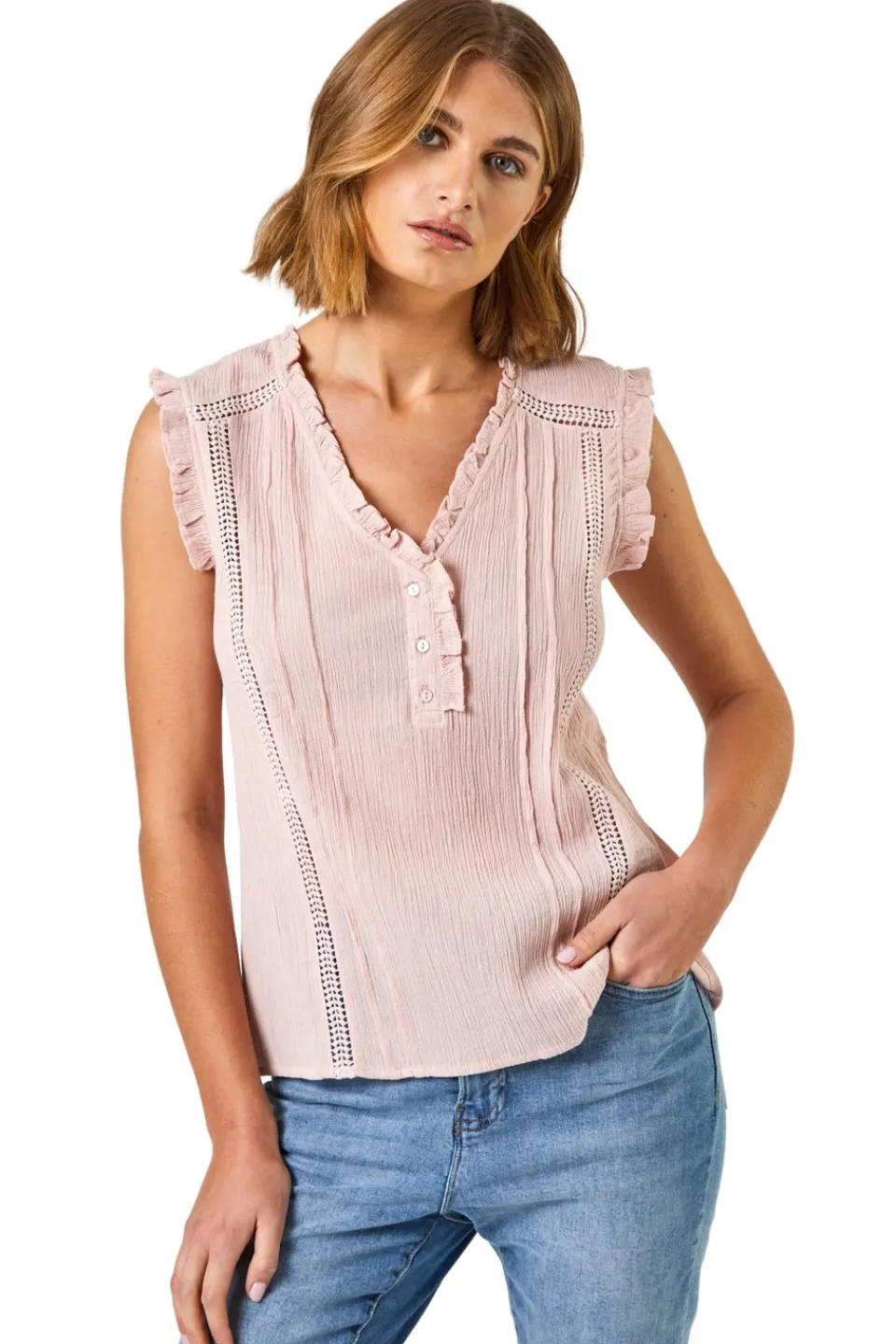 Tops>Roman Light Pink Ruffle Detail Cotton Crinkle Top