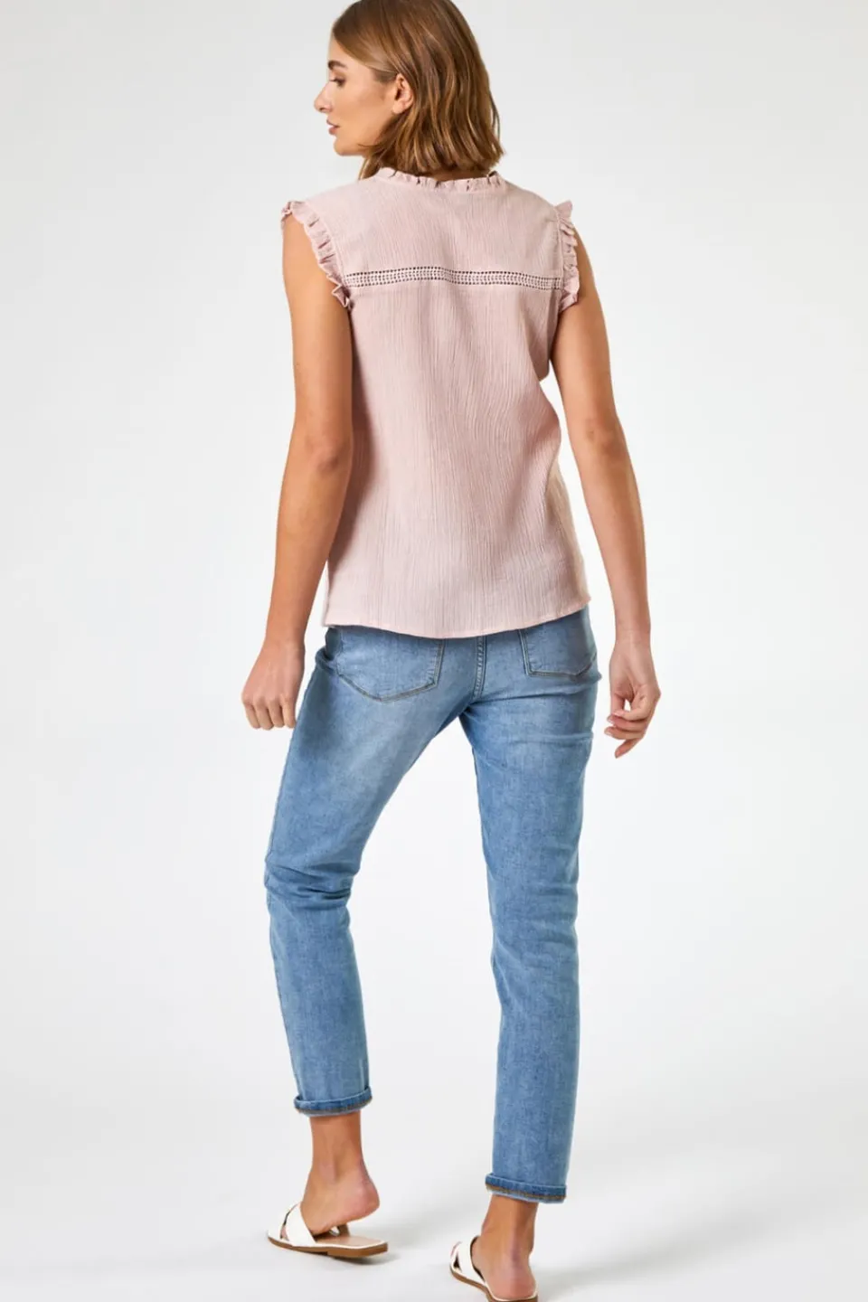 Tops>Roman Light Pink Ruffle Detail Cotton Crinkle Top