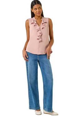 Tops>Roman Light Pink Ruffle V Neck Vest Top