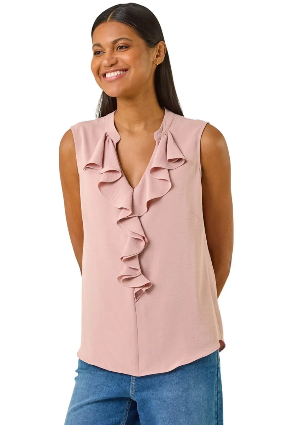 Tops>Roman Light Pink Ruffle V Neck Vest Top