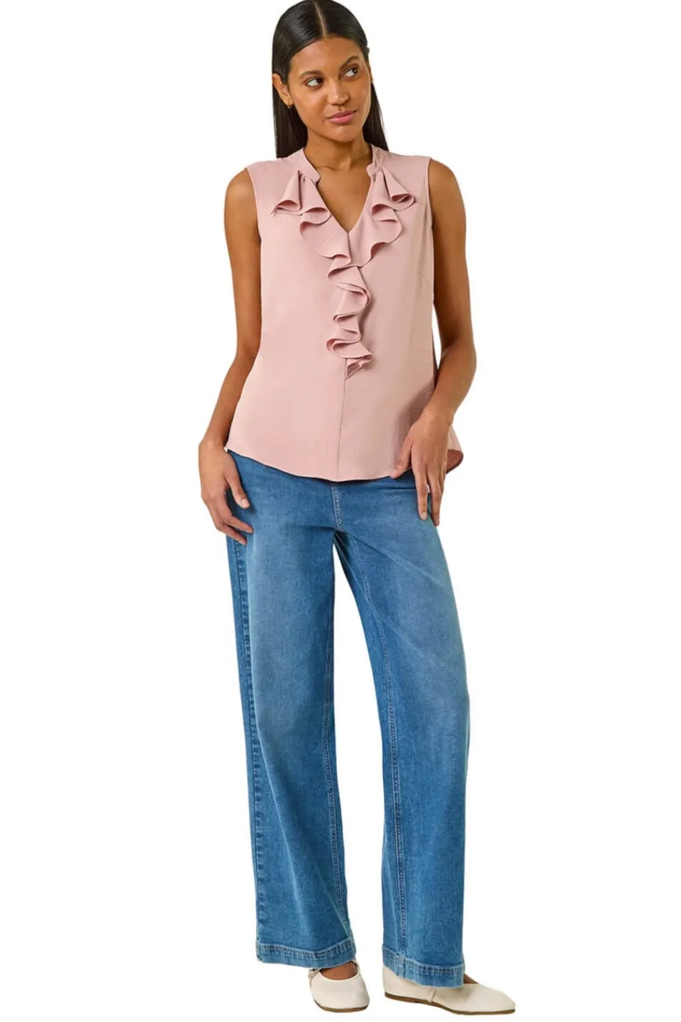Tops>Roman Light Pink Ruffle V Neck Vest Top