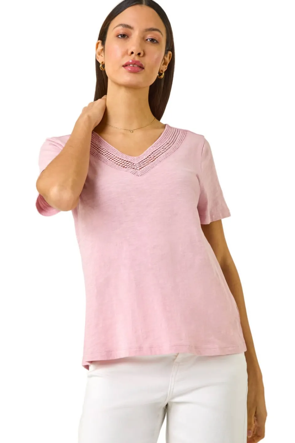 T-Shirts>Roman Light Pink Sequin Trim V Neck Stretch Top