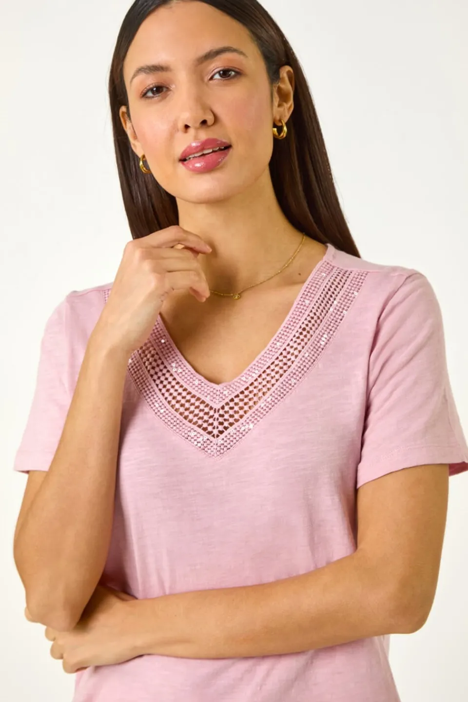 T-Shirts>Roman Light Pink Sequin Trim V Neck Stretch Top