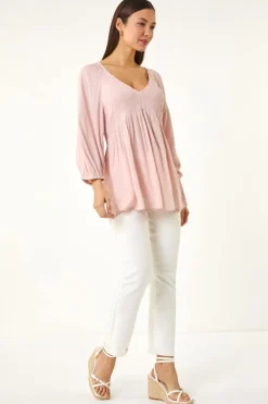 Tops>Roman Light Pink Shirred V-Neck Raglan Top
