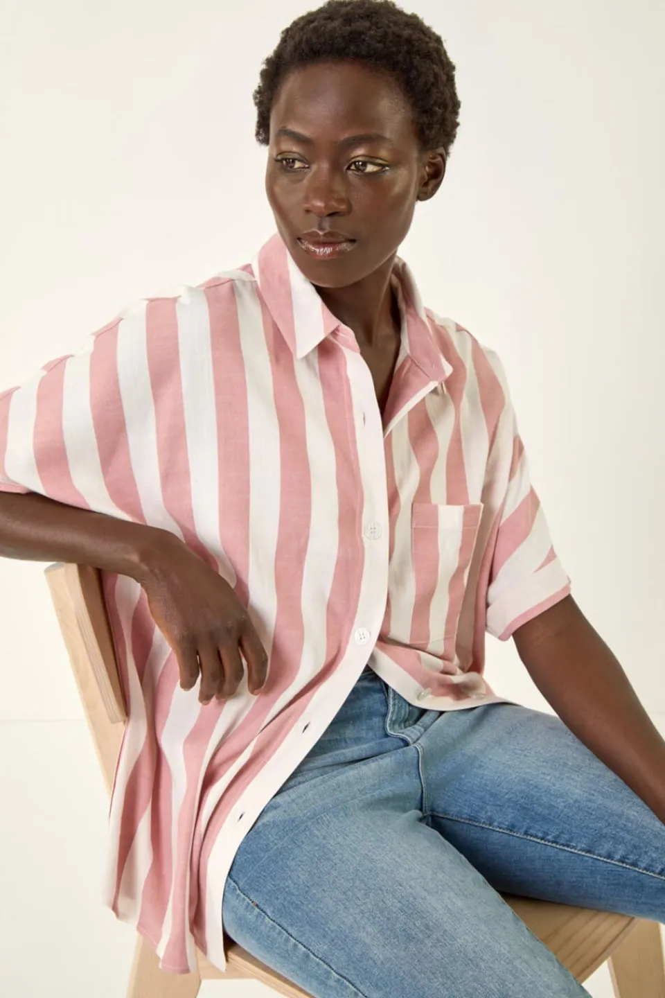 Tops>Roman Light Pink Stripe Print Buttoned Shirt