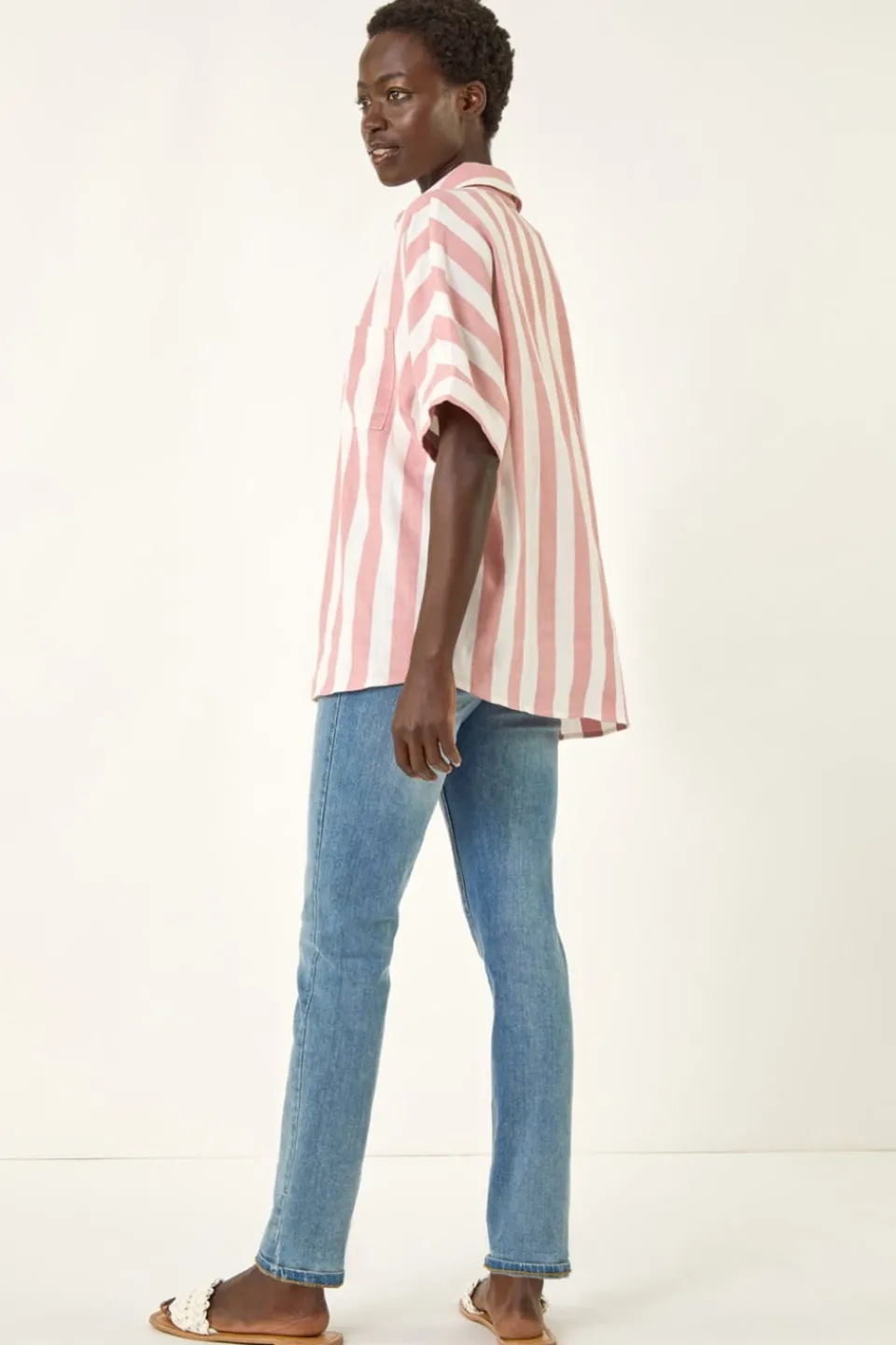 Tops>Roman Light Pink Stripe Print Buttoned Shirt
