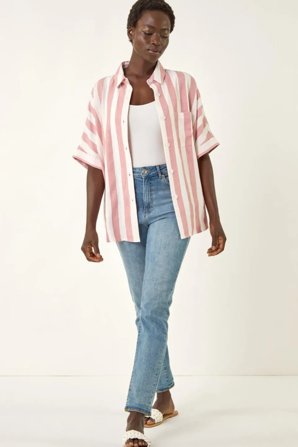 Tops>Roman Light Pink Stripe Print Buttoned Shirt