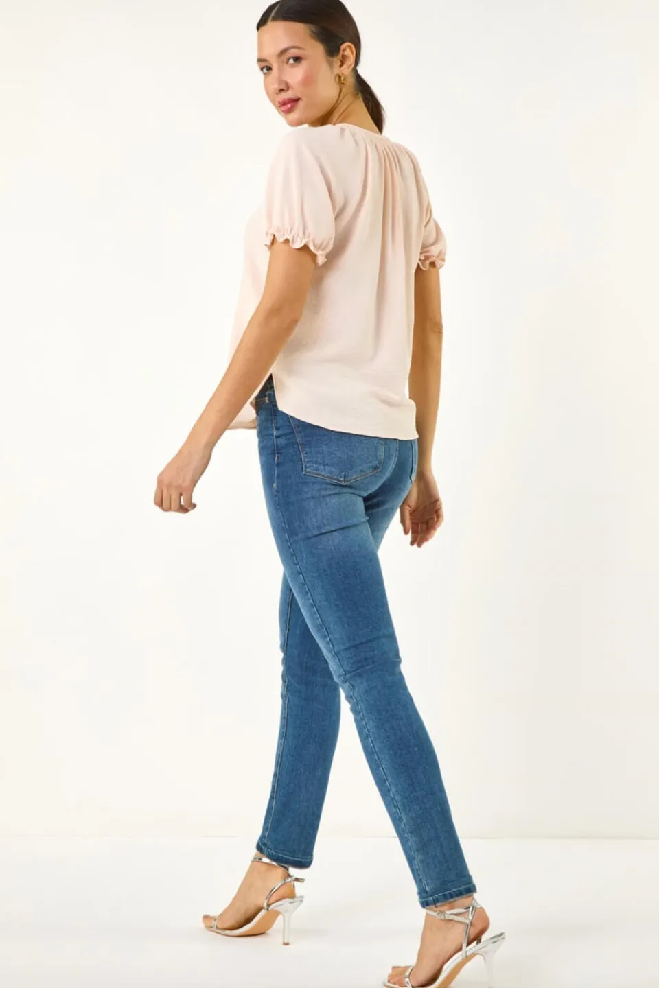 T-Shirts>Roman Light Pink Tie Front Frill Sleeve Top