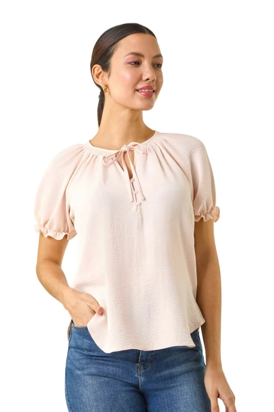 T-Shirts>Roman Light Pink Tie Front Frill Sleeve Top