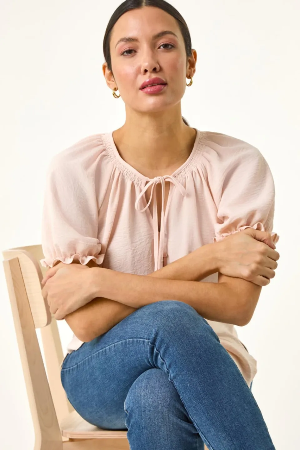 T-Shirts>Roman Light Pink Tie Front Frill Sleeve Top