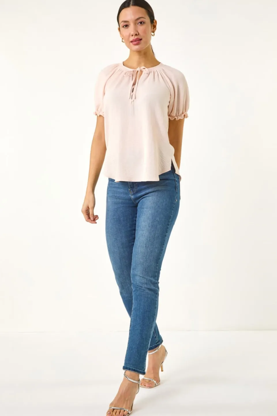 T-Shirts>Roman Light Pink Tie Front Frill Sleeve Top