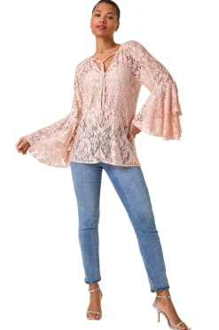 Tops>Roman Light Pink Tie Neck Lace Detail Top