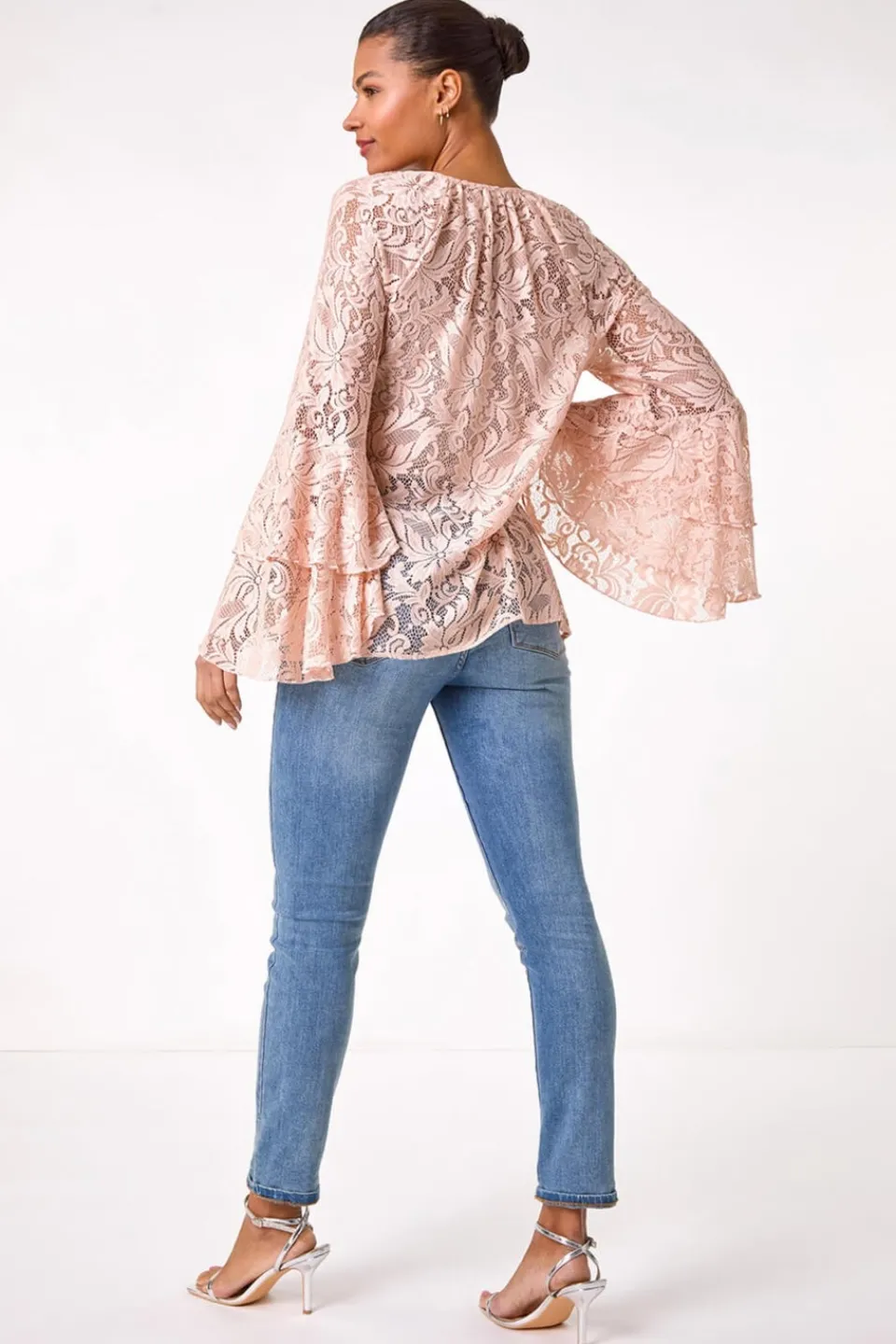 Tops>Roman Light Pink Tie Neck Lace Detail Top