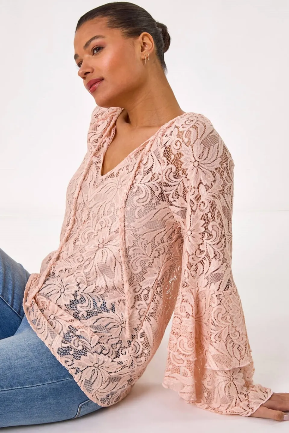 Tops>Roman Light Pink Tie Neck Lace Detail Top
