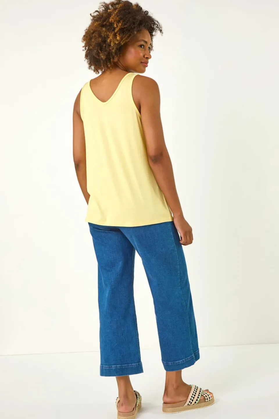 Tops>Roman Light Yellow Plain V Neck Stretch Jersey Vest Top