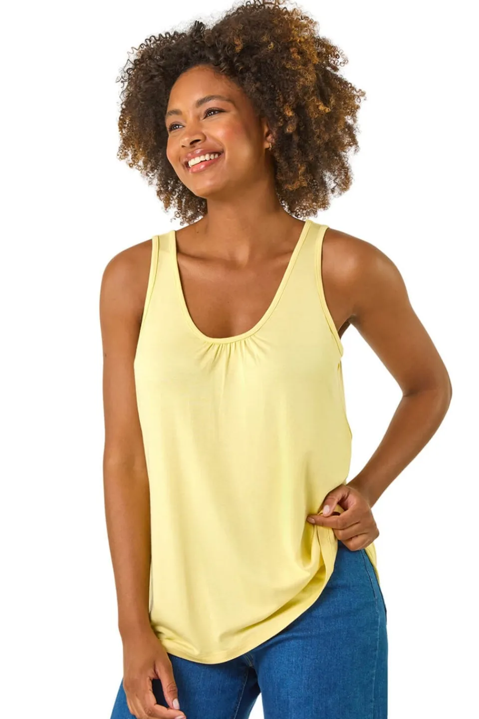 Tops>Roman Light Yellow Plain V Neck Stretch Jersey Vest Top