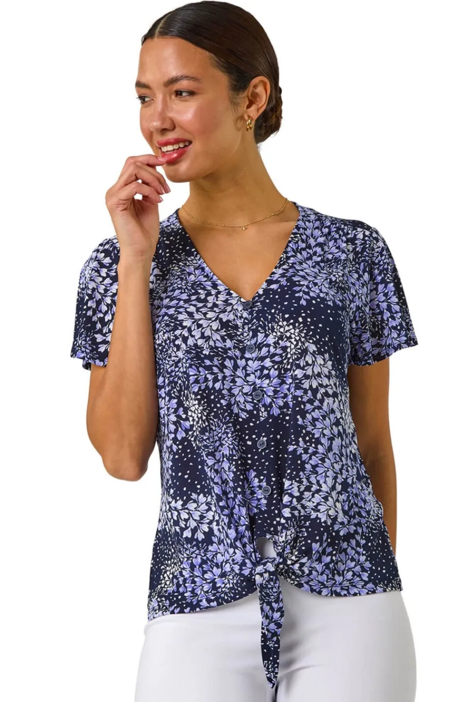 T-Shirts>Roman Lilac Floral Print Tie Front Stretch Top