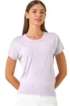 Tops>Roman Lilac Leaf Print Hotfix Knitted Top