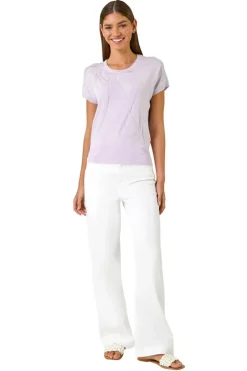 Tops>Roman Lilac Leaf Print Hotfix Knitted Top