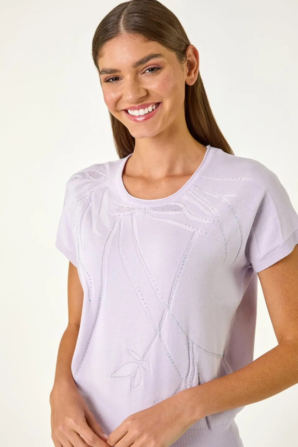 Tops>Roman Lilac Leaf Print Hotfix Knitted Top