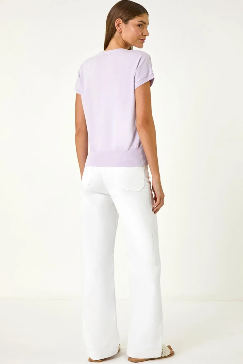Tops>Roman Lilac Leaf Print Hotfix Knitted Top