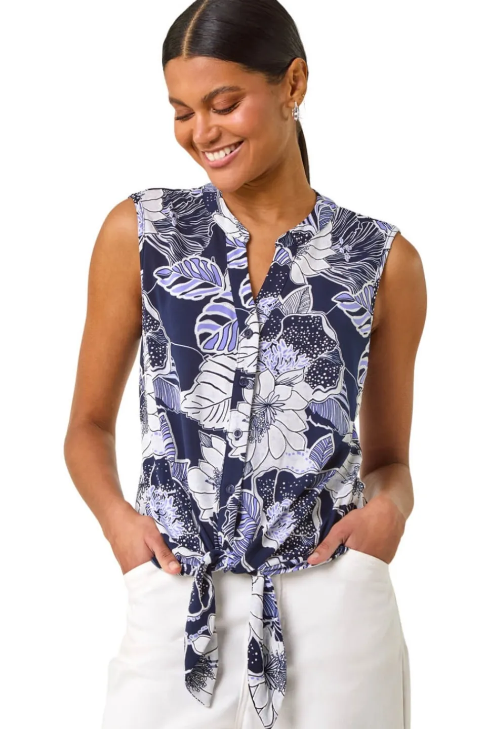 Tops>Roman Lilac Textured Floral Tie Blouse